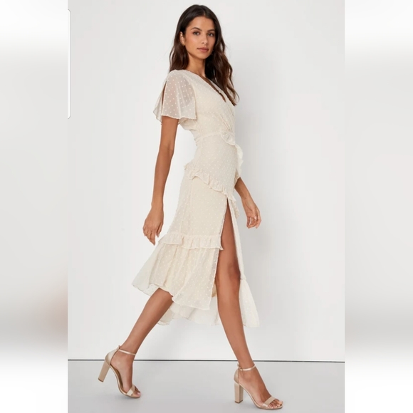 LuLus Next to You Cream Swiss Dot Ruffled Midi Dress - Picture 3 of 8